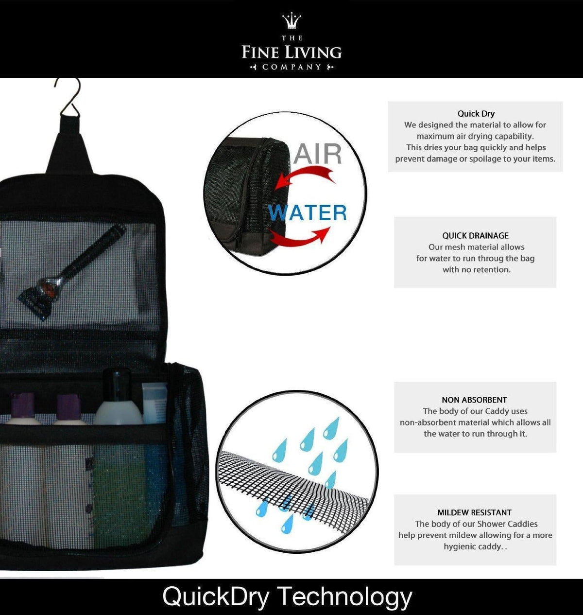 The Fine Living Co. Portable Hanging Shower Caddy Organizer Bag Quick Dry Mesh Shower Caddy Tote Bag Pouch with Metal Hook for Bathroom College Dorm Camp Gym Camping Toiletry Bath (12”x3”x8”)